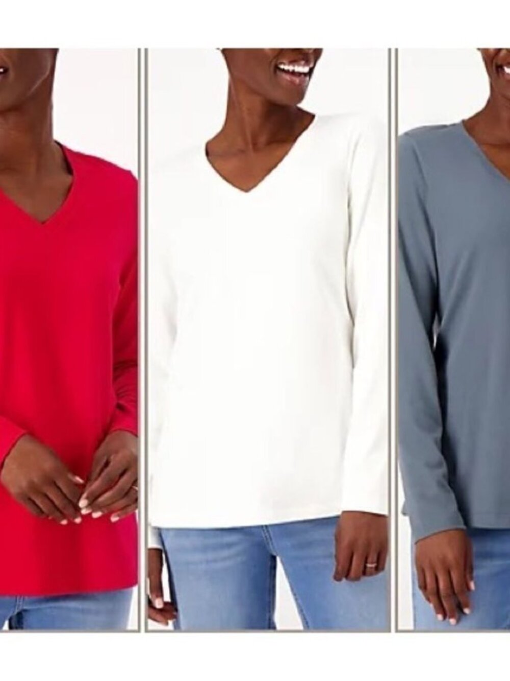 Denim & Co. Essentials 3-Pack Perfect Jersey Long Slv V-Neck Tops
